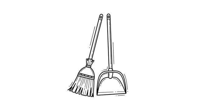 Illustration of broom and dustpan cleaning tools.