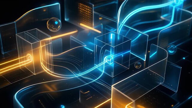 Abstract futuristic digital network with glowing blue and orange light trails and transparent geometric shapes
