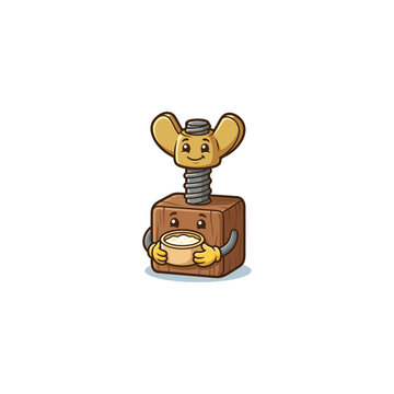 Cartoon Cheese Press Mascot With Smiling Wooden Block Body, Golden Wingnut Screw Arm Holding A Bowl Of Fresh Curds Vector Illustration