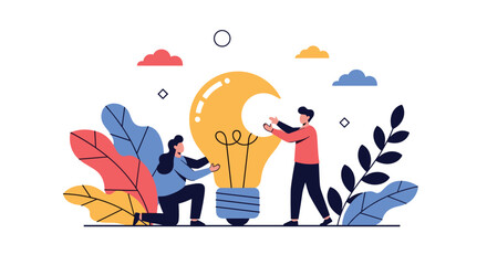 Obraz premium Two people working together to assemble a large glowing yellow lightbulb representing team brainstorming and innovation concepts.