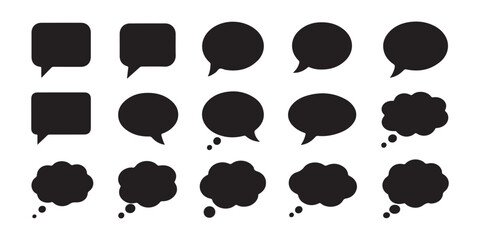 Fototapeta premium Set of black comic speech bubbles and thought clouds isolated on transparent checkered background.