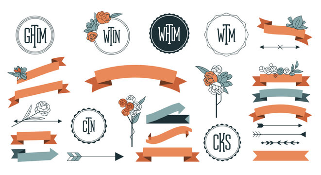 Large collection of vintage style floral frames ribbons banners and circular monograms in orange and teal colors for weddings.