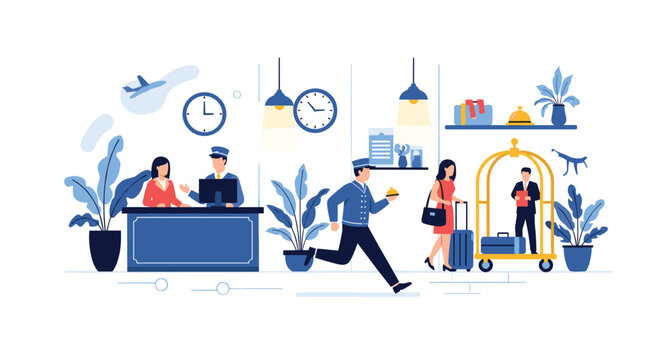 Busy hotel lobby scene with a receptionist helping a couple while a bellboy runs with a bell and another handles luggage.