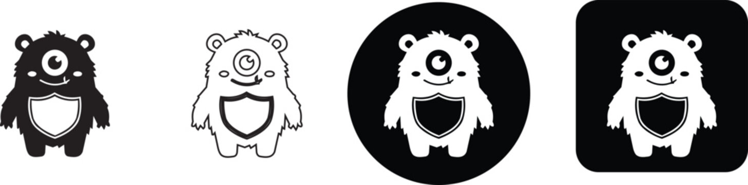 Cute one eyed bear monster character icon vector set with security shield emblem