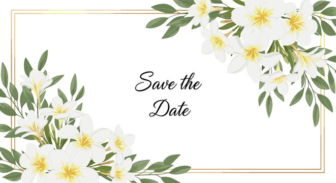 Save the date wedding invitation template featuring beautiful white frangipani plumeria flowers and green leaves in a gold frame.