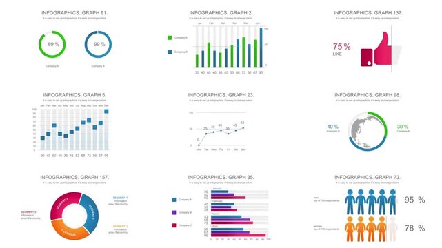 Animated infographics elements pack with charts graphs and data visualization
