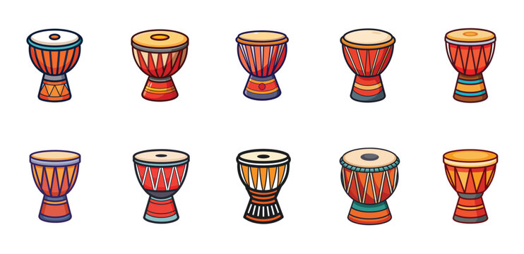 A colorful collection of ten djembe drums with various designs