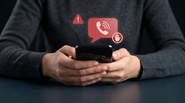 Hands holding smartphone with glowing red warning and stop icons. Blocking spam calls, scam alerts, and telemarketing fraud