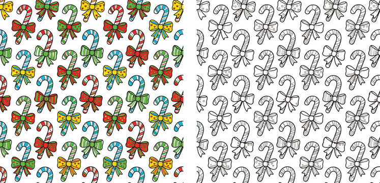 Christmas candy cane seamless pattern with bows, colored version and black and white line art outline for coloring book page background.