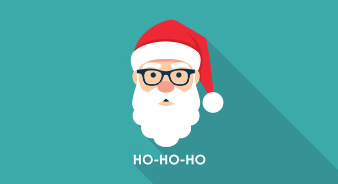 Minimalist flat vector illustration of Santa Claus with a big white beard and black rimmed glasses against a teal background.