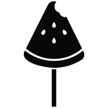 Watermelon slice on stick with bite mark, vector silhouette illustration design.