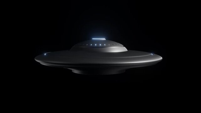 Group of Flying saucer. Realistic UFO moving in space on transparent background. Full HD. 4K