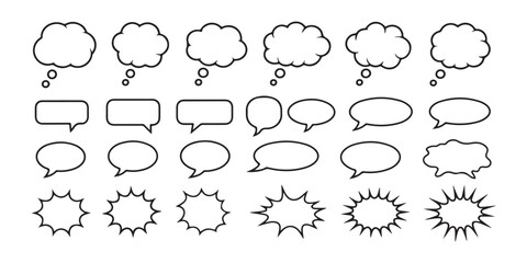 Obraz premium Set of outline comic speech bubbles and thought clouds isolated on transparent checkered background.