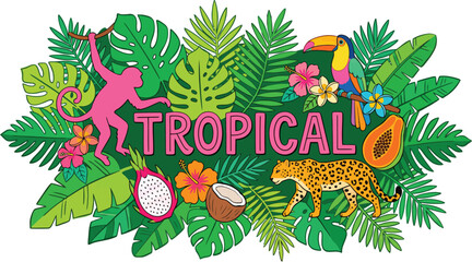 Tropical illustration with toucan monkey jaguar and monstera leaves in a vibrant design © Jamalvect