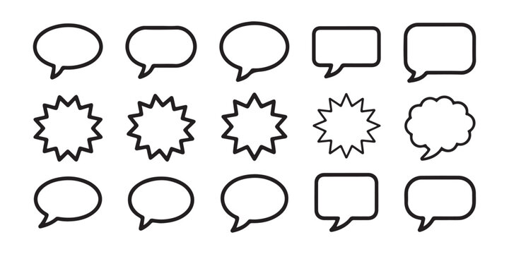 Speech bubble line icons collection set with comic talk cloud frames isolated on transparent bg.