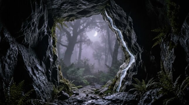Moonlit woodland fairy cave entrance framed by charcoal rock, ferns, moss, and a pale luminous mineral seam, opening toward a foggy ancient forest beneath a distant crescent moon and quiet night mist