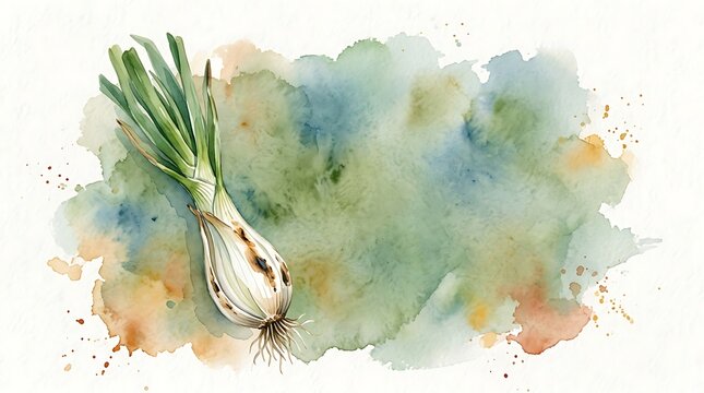 Fresh scallion vegetable on abstract watercolor background