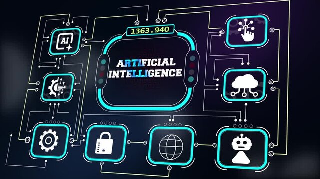 Artificial intelligence HUD screen with glowing cyan elements, futuristic neon interface showing cyber security, cloud computing and smart automation