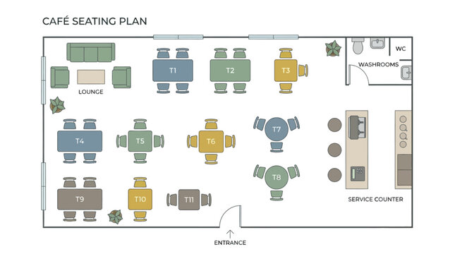 Modern Cafe Seating Plan with Diverse Table Arrangements