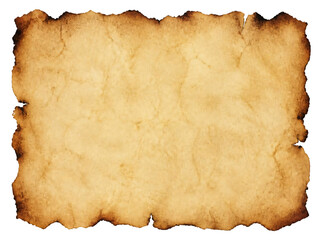 Fototapeta premium Burnt sheet of old parchment isolated on transparent background.