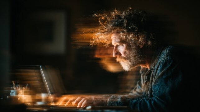 Man with curly hair using a laptop computer