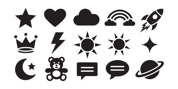 Vector icon set containing various symbols like clouds stars hearts lightning sun and space elements.
