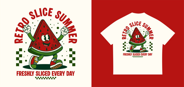 Retro colorful watermelon slice character t shirt design with groovy summer vibes. Cute mascot illustration for apparel, print, streetwear and sticker design