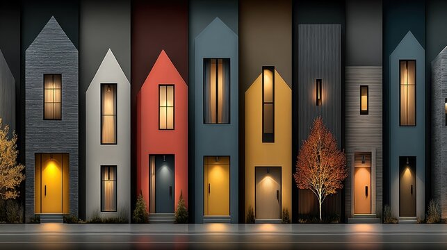 Many houses that are painted different colors in the night real estate