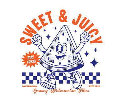 Funny retro watermelon slice character with energetic summer vibe. Cute cartoon mascot design for t-shirt print, streetwear fashion and playful vintage illustration
