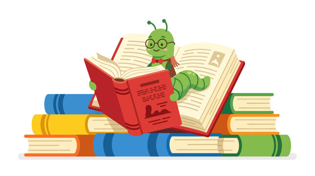 Happy green bookworm with glasses reading on a stack of books