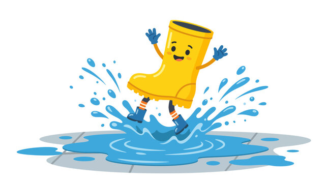 Cheerful yellow rain boot character jumping and splashing in a puddle
