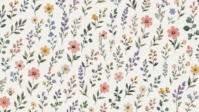 Seamless pattern with watercolor pastel wildflowers and delicate botanical elements on a white base
