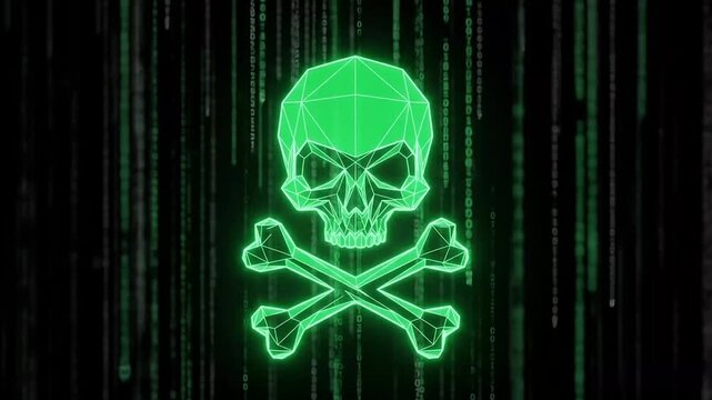 Glowing green polygonal skull against falling digital computer code