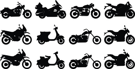 Collection of solid black motorcycle silhouettes featuring sportbikes, cruisers, choppers, adventure bikes, and scooters © Sohel