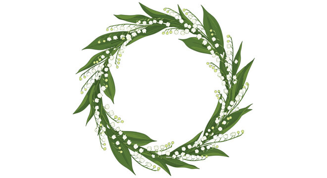 Delicate round wreath made of lily of the valley flowers with small white bells and long green leaves on a white background.