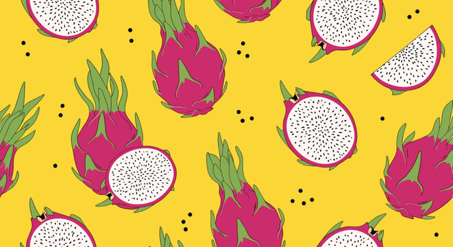 Vibrant seamless pattern of whole and sliced dragon fruit showing red skin and white flesh with black seeds on yellow.