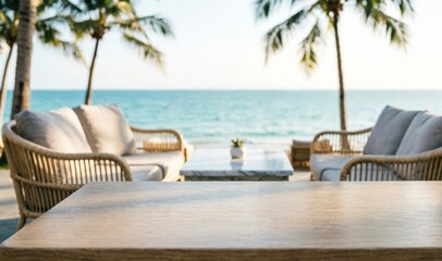 Obraz premium Coastal Outdoor Lounge with Rattan Furniture and Ocean View for Relaxation Concept