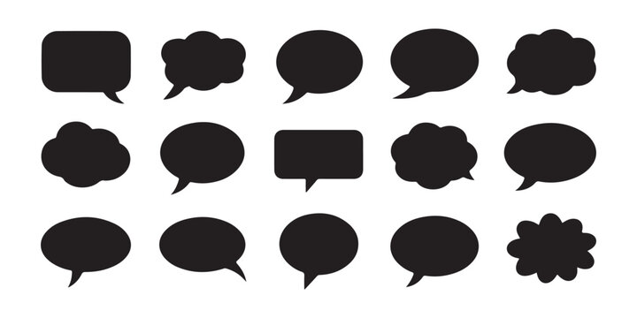 Collection of various black speech bubbles and thought balloons for dialogue graphic design use.