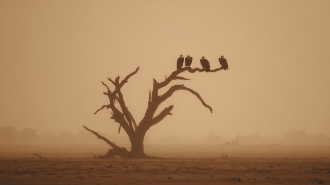 Silhouetted Birds on Bare Tree Branches at Dusk in a Desert Landscape with Dust and Haze Surrounding the Scene