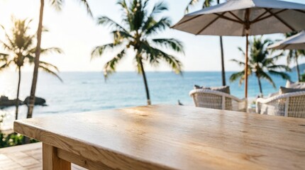 Fototapeta premium Wooden Table by Ocean with Palm Trees and Umbrellas for Relaxation Concept