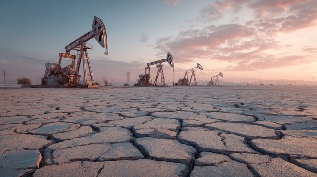 Oil Pumps in Arid Landscape at Sunset with Cracked Earth and Colorful Sky Highlighting Natural Resource Extraction