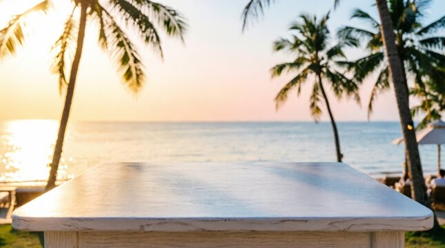 White Wooden Table on Tropical Beach at Sunset for Product Display