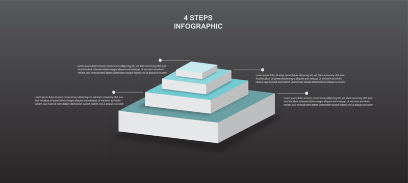 Modern 4 steps layered pyramid infographic template with stacked blocks for business workflow, strategy, project planning, and process visualization. Clean vector design for presentations and corporat