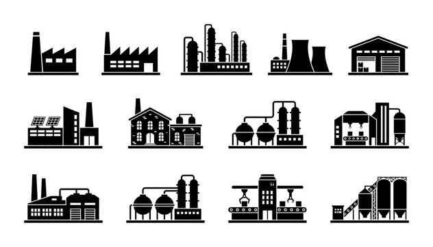 Industrial Factory Icons Collection Set Featuring Manufacturing Plants And Chemical Processing Power Station Buildings