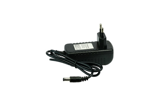 Black AC DC Power Adapter Charger With Cable Isolated On White Background