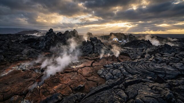 Powerful geothermal landscape with steam rising from active volcanic cracks in the ground