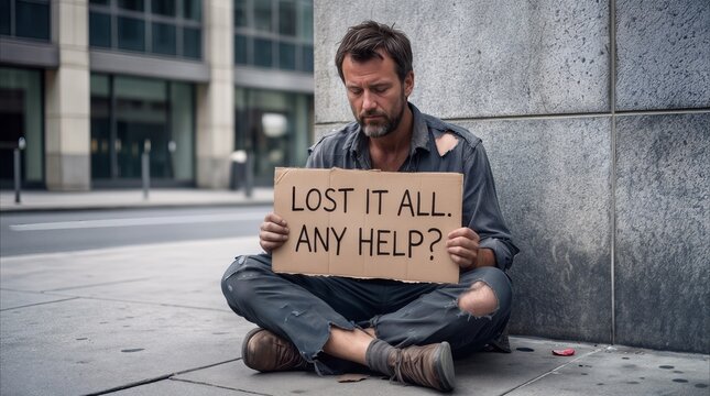Homeless man sitting on city sidewalk holding cardboard sign. Financial crisis and poverty concept in urban environment.