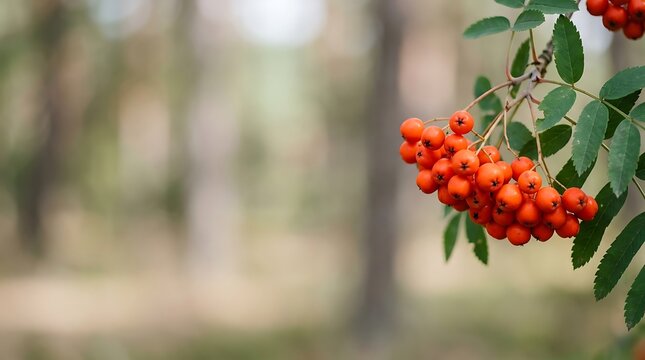 Ripe orange rowan berries hanging on a branch in a forest