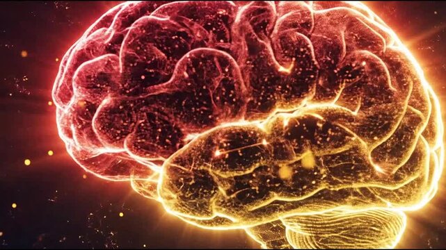 Radiating golden brain icon on black starry background.