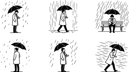 Obraz premium Men With Umbrellas In Rain Black And White Vector Illustration